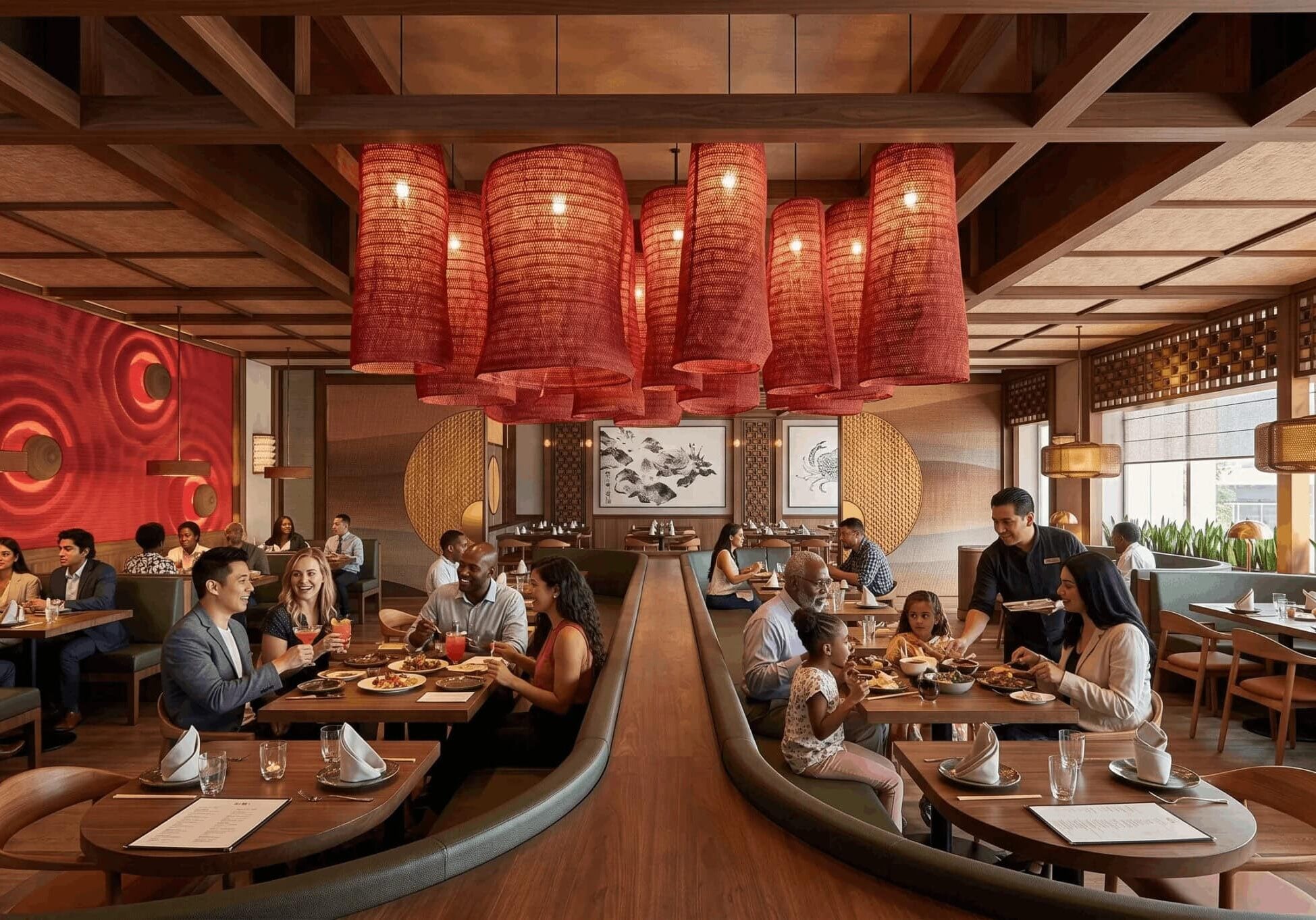 People dining in a modern restaurant with red lanterns, wooden decor, booth and table seating, and a lively, diverse crowd enjoying meals.
